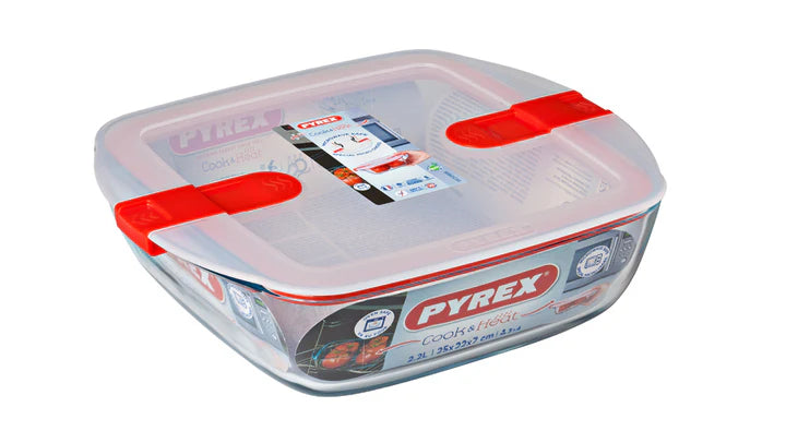 Pyrex, Cook & Heat Glass Square Dish With Lid 2.2L