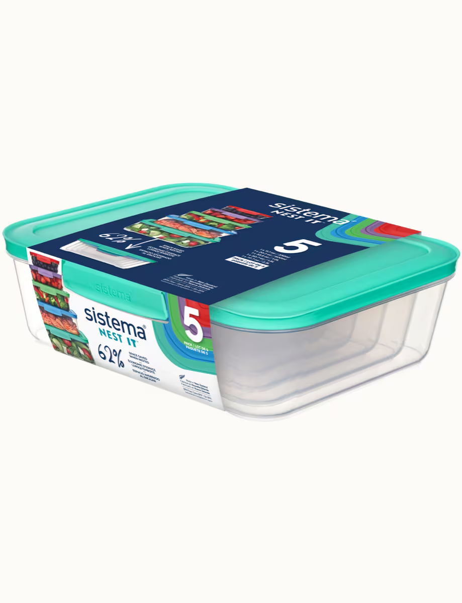Glass food storage container with teal lid on a white background