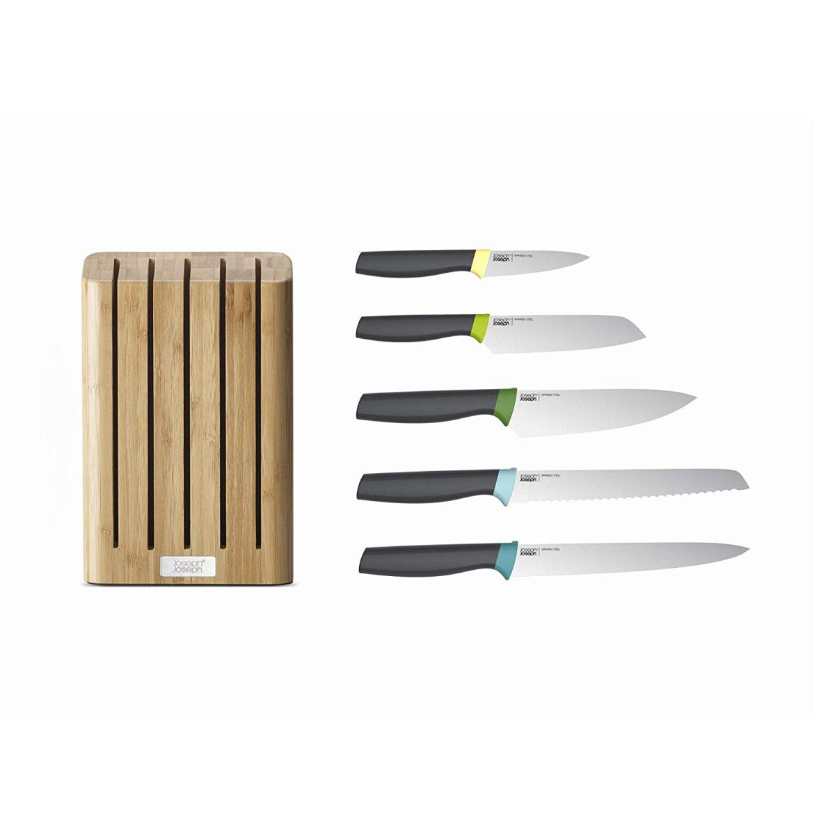 Joseph Joseph Elevate Knife Set with Slimline Bamboo Block Japanese Stainless Steel 5-piece Opal