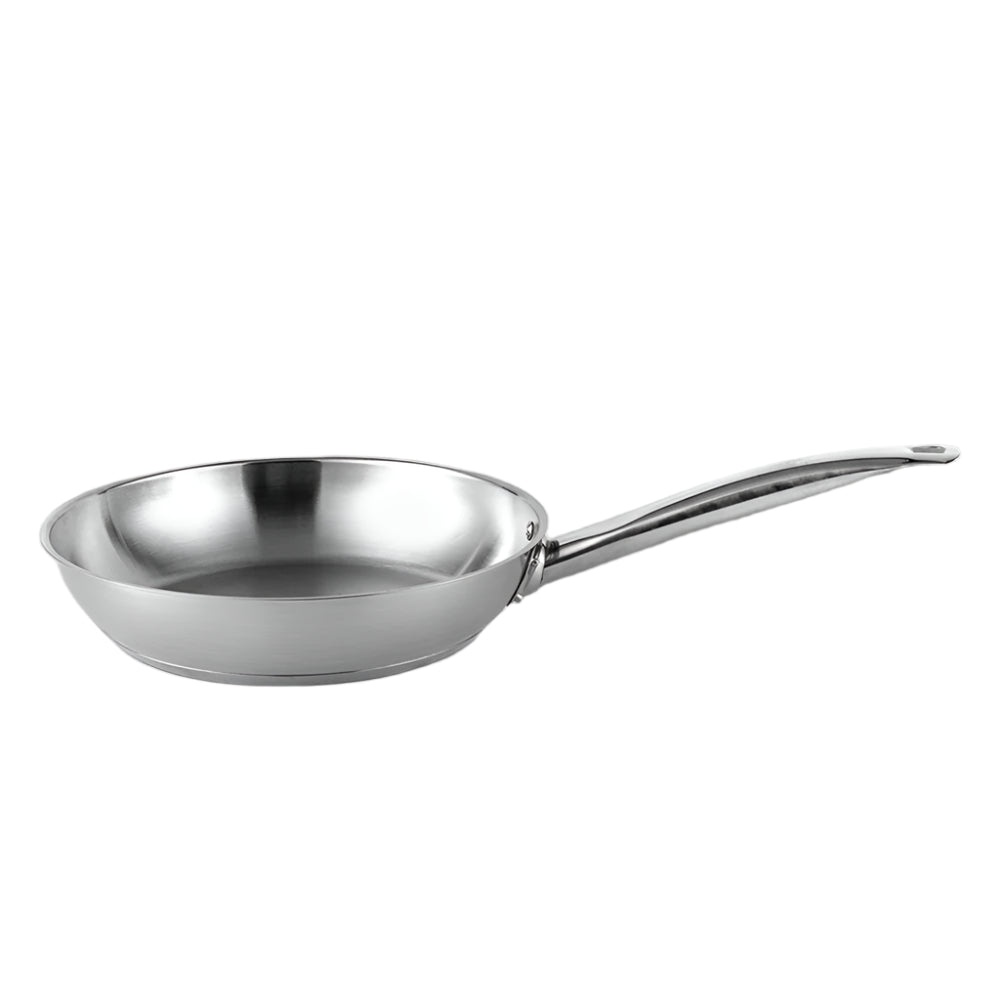 Stainless steel frying pan on a gray background with Inoxibar and Brandy logos.