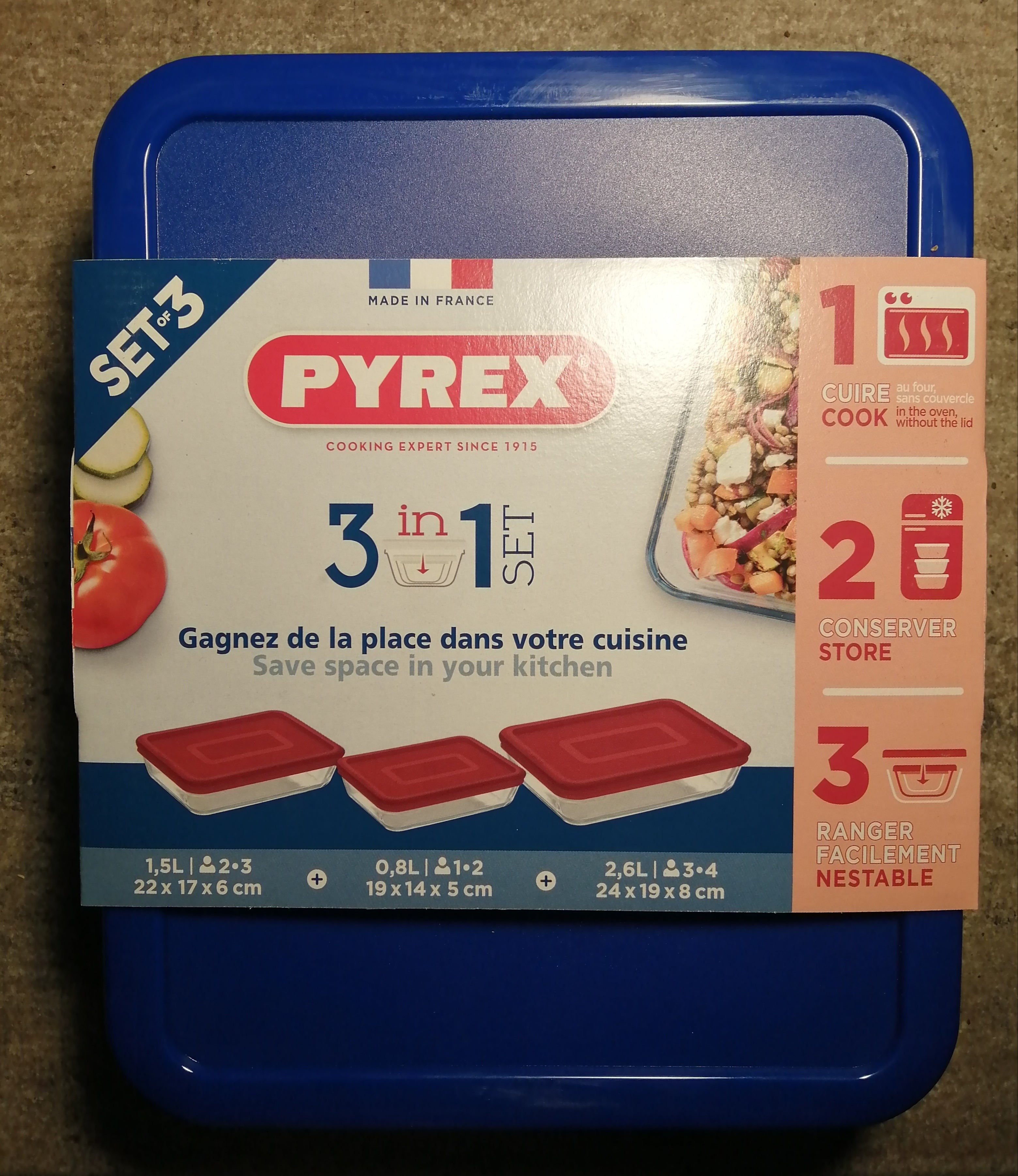 Pyrex 913s344 Set 3 Roast Px +lid Blu Cook & Freeze