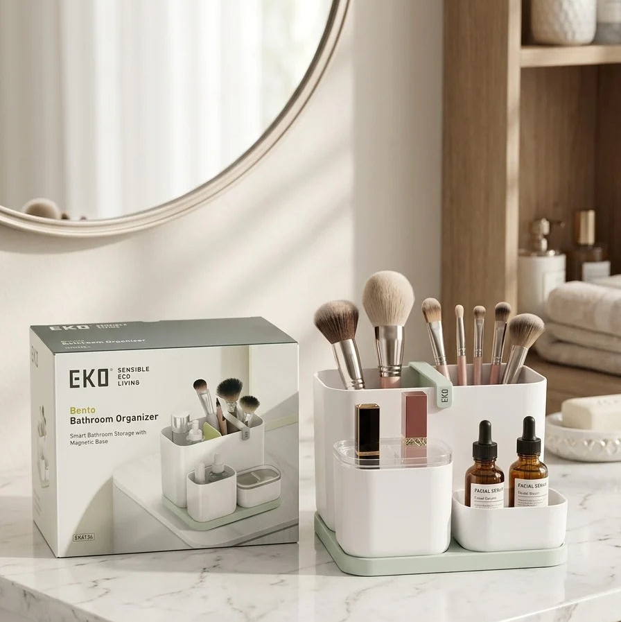 Bathroom organizer with makeup brushes and bottles on a marble countertop, next to its packaging.