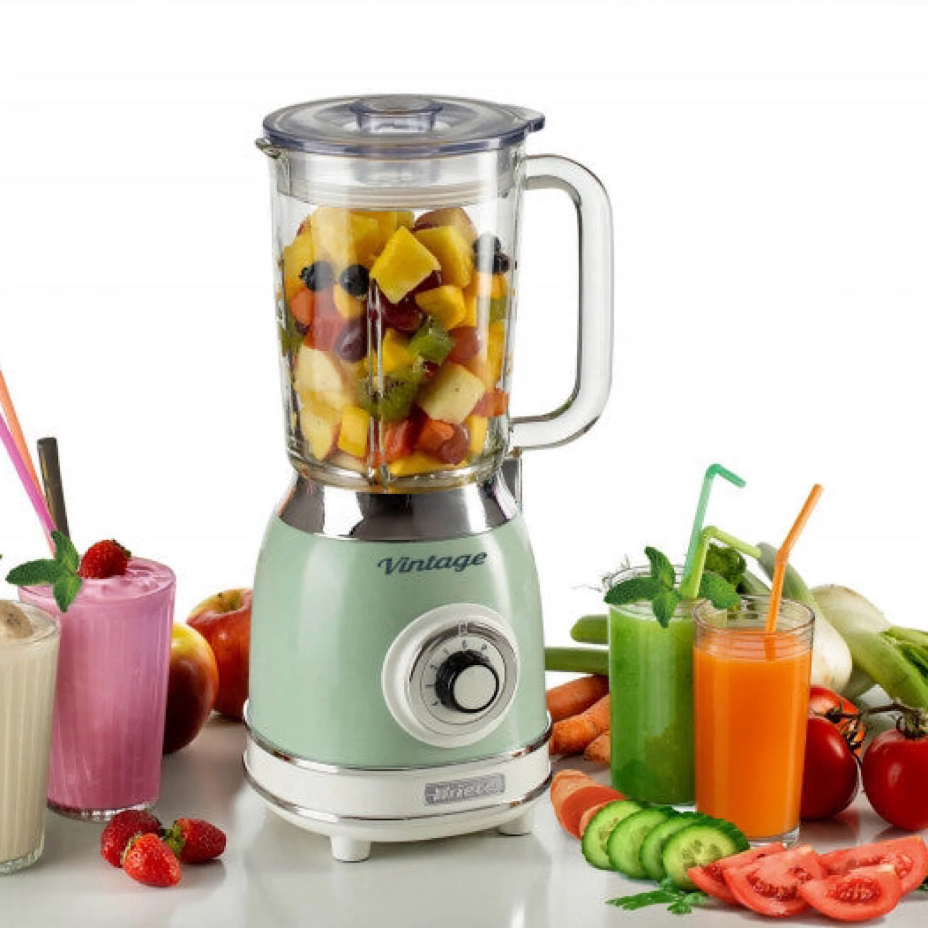 Ariete 583 Vintage Blender with Glass Cup 1.5 Litres, 4 Stainless Steel Knives, 4 Speeds Pulse, 1000 Watt, Light Blue Ariete 583 Vintage Blender with Glass Cup 1.5 Litres, 4 Stainless Steel Knives, 4 Speeds Pulse, 1000 Watt, Light Blue