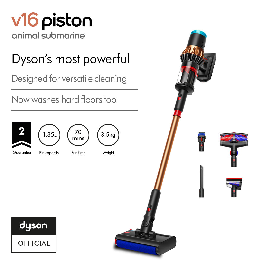 Dyson v16 piston vacuum cleaner with features and specifications on a white background