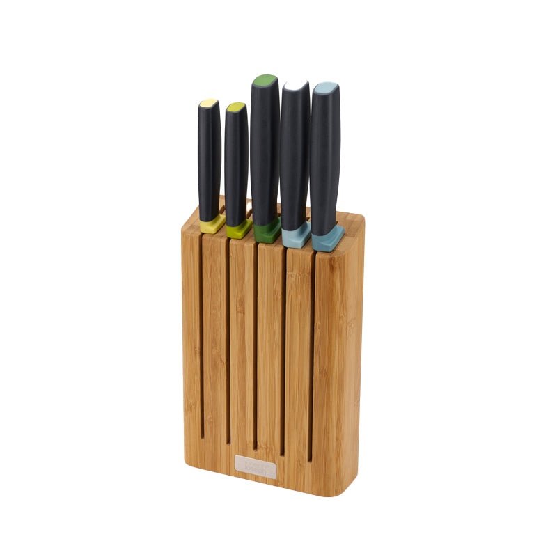 Joseph Joseph Elevate Knife Set with Slimline Bamboo Block Japanese Stainless Steel 5-piece Opal